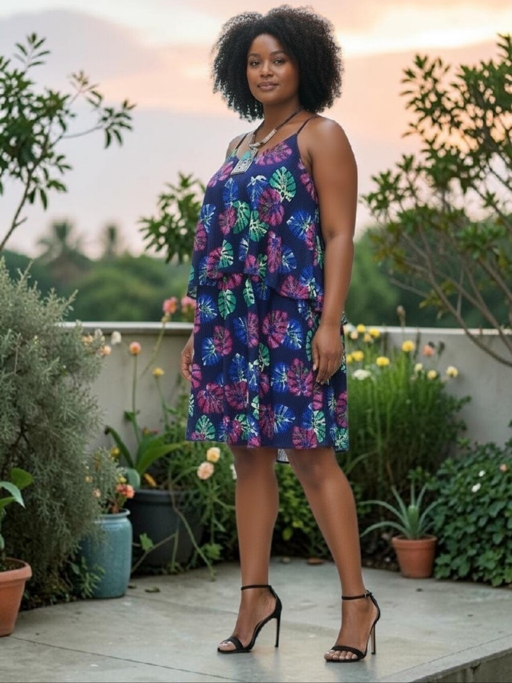 Navy Tropical Leaf Tiered Tank Dress Handkerchief Hem Girls Sz XL, Women's Sz S